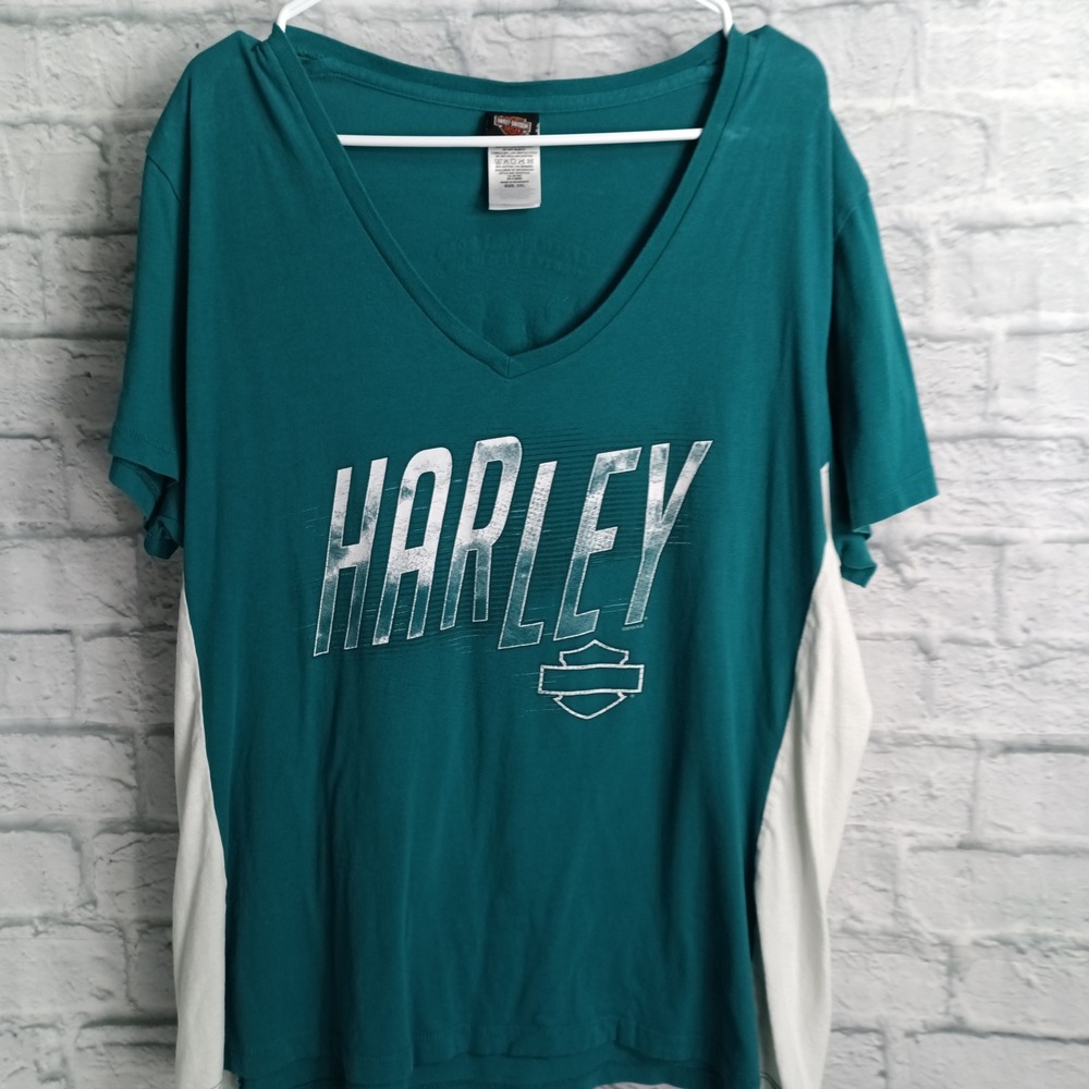 Harley-Davidson Womens XXL Teal V-Neck Graphic T-Shirt Green Mount Road IL Tee